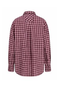 Langærmet ternet skjorte i bordeaux og pink, med klassisk krave, knapmanchetter og en skulderdetalje på ryggen.