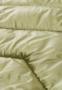 Coperta trapuntata verde chiaro realizzata in un tessuto liscio e lucido, con sezioni cucite che creano un aspetto gonfio e una texture morbida.