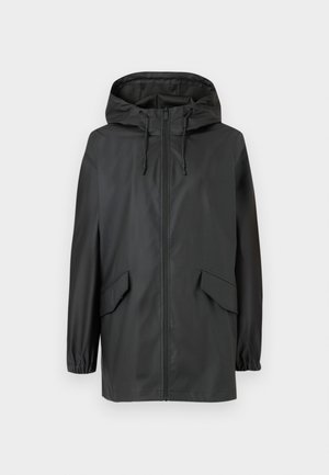 Veste à capuche noire résistante à l'eau avec fermeture éclair à l'avant, poignets élastiques et deux poches latérales. Fini lisse et mat avec cordons de serrage ajustables.