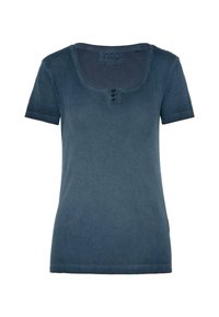 Krátký rukáv tričko z tmavě modré bavlny, s kulatým výstřihem, zapínáním na tři knoflíky a hladkým povrchem s mírným leskem.