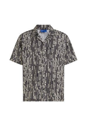 Μπλούζα με κοντά μανίκια, μαύρη και λευκή, με κουμπιά, με κάθετο επαναλαμβανόμενο κείμενο που γράφει "Karl Lagerfeld Jeans."