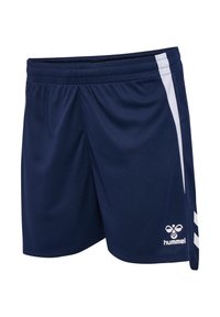 Tamsiai mėlynos sportinės šortai su tekstūruotu audiniu, elastingu juosmeniu ir baltais šonų juostelėmis. Priekinėje apatinėje dalyje yra Hummel logotipas.