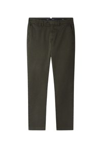 Chino verde oliva, misto cotone, slim fit, con tasche frontali e chiusura con bottone. Texture liscia e design a gamba dritta.