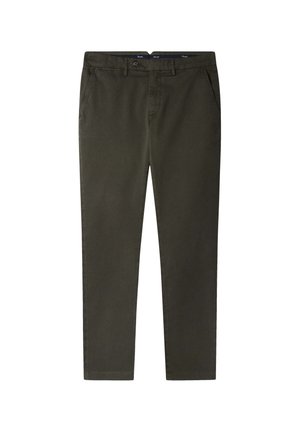 Olivgrüne Chinos, Baumwollmischung, Slim Fit, mit Vordertaschen und Knopfverschluss. Glatte Textur und gerade Beinform.