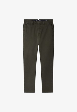 Chino verde oliva, misto cotone, slim fit, con tasche frontali e chiusura con bottone. Texture liscia e design a gamba dritta.