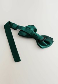 Papion verde din satin cu o textură moale și netedă și o curea lungă și ajustabilă, având o cataramă metalică pentru fixare.