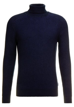 Marineblauw geribde turtleneck trui met lange mouwen. Heeft een aansluitend ontwerp en een gestructureerd breipatroon. Zacht, rekbaar materiaal voor comfort.