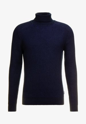 Jersey de cuello alto de canalé en color navy con mangas largas. Presenta un diseño ajustado y un patrón de punto texturizado. Tejido suave y elástico para mayor comodidad.