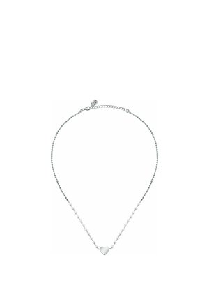 Silver chain necklace with small heart pendant centered, featuring a lobster clasp and an adjustable chain extension.