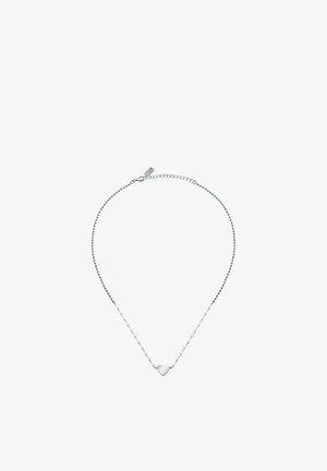 Silver chain necklace with small heart pendant centered, featuring a lobster clasp and an adjustable chain extension.