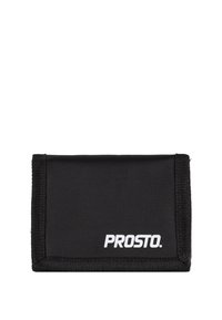 Czarny nylonowy portfel z formą składania, z białym logo "PROSTO." Powierzchnia z teksturą, wzmocnione krawędzie, kompaktowy i prostokątny kształt.