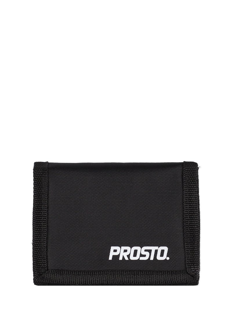 Czarny nylonowy portfel z formą składania, z białym logo "PROSTO." Powierzchnia z teksturą, wzmocnione krawędzie, kompaktowy i prostokątny kształt.