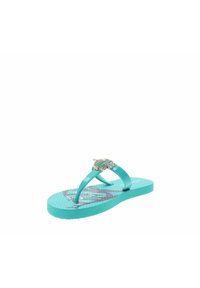 Chanclas turquesas con suela texturizada, que presentan un acento decorativo de concha en dorado y azul en la tira, diseñadas para el uso casual.