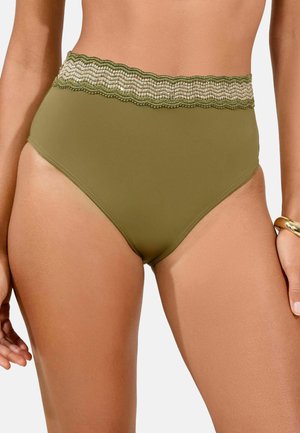 Hooggesneden bikini onderstuk in olijfgroen met een gestructureerde scalloped tailleband. Gemaakt van glad materiaal en met een slim-fit ontwerp.