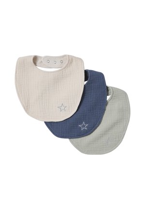 Three soft cotton baby bibs in beige, navy, and gray with snap closures and small embroidered stars on the lower right corners.