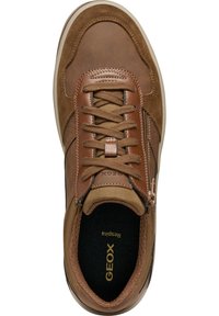Baskets en cuir et daim marron avec lacets, fermeture éclair sur le côté, accents texturés et semelle intérieure noire arborant "GEOX" en lettres dorées.