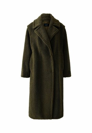 Olivgrüner, langer Wollmantel mit einer strukturierten, flauschigen Oberfläche; verfügt über einen Reverskragen, zwei Seitentaschen und einen frontlosen Verschluss ohne Knöpfe.