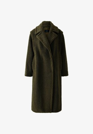 Olive green, long wool coat with a textured, fuzzy surface; features a lapel collar, two side pockets, and a buttonless front closure.