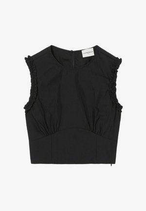 Top corto negro hecho de tela ligera, con detalles de volantes en los hombros y un diseño ajustado con cremallera en la espalda.