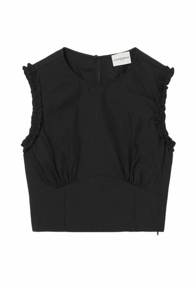 Top corto nero in tessuto leggero, con dettagli arricciati sulle spalle e design aderente con cerniera posteriore.
