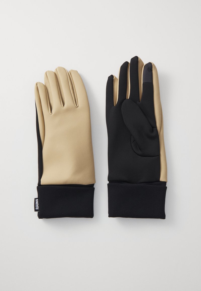 Λάστιχα γάντια σε καφέ και μαύρο χρώμα, με λεία επιφάνεια, ραβδωτούς καρπούς και άκρη δακτύλου συμβατή με οθόνες αφής στο μαύρο γάντι.