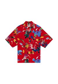 Short-sleeve shirt in bright red fabric, featuring a vibrant abstract pattern with shapes in blue, green, yellow, pink, and black.