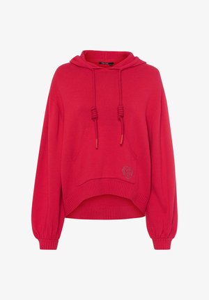 Rotes, kurz geschnittenes Hoodie mit Kapuze und Kordelzug, Fronttasche und gerippten Bündchen. Mit einem gestickten Logo in Herzform. Weicher Stoff.