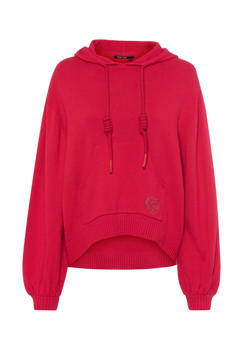 Rotes, kurz geschnittenes Hoodie mit Kapuze und Kordelzug, Fronttasche und gerippten Bündchen. Mit einem gestickten Logo in Herzform. Weicher Stoff.