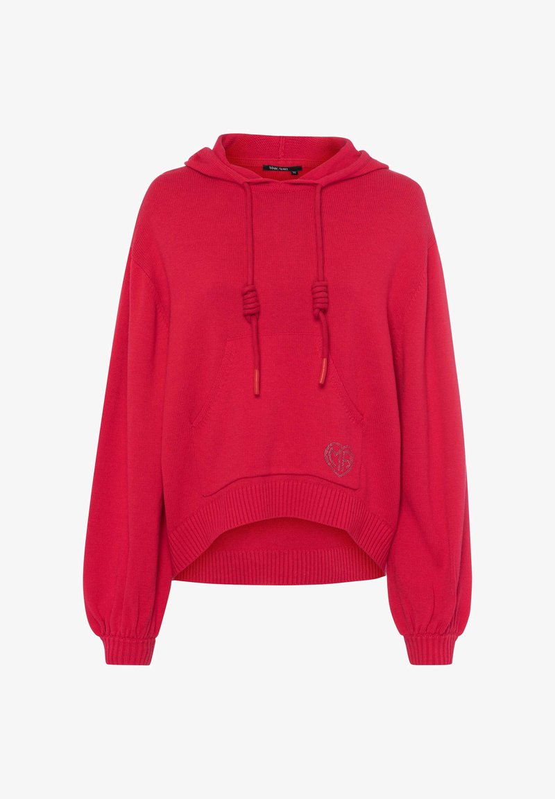 Rotes, kurz geschnittenes Hoodie mit Kapuze und Kordelzug, Fronttasche und gerippten Bündchen. Mit einem gestickten Logo in Herzform. Weicher Stoff.