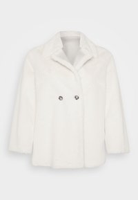 White faux fur coat with a classic collar, double-breasted button closure, and long sleeves. Soft texture, smooth finish, and no visible patterns.