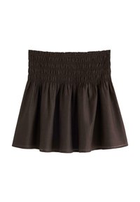 Brun, bomulds, smocked talje nederdel med en udvidet design og ruflede kant; letvægtsstof med blød tekstur.