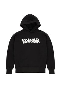 Felpa nera con cappuccio e testo bianco in stile graffiti "Disclaimer" sul petto, con maniche lunghe e polsini a costine.
