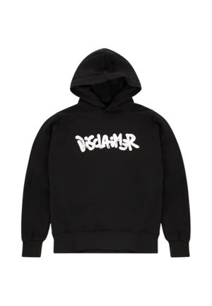 Felpa nera con cappuccio e testo bianco in stile graffiti "Disclaimer" sul petto, con maniche lunghe e polsini a costine.