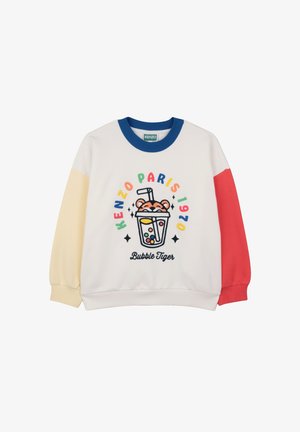 Felpa bianca con maniche crema e rosse, colletto blu e testo multicolore "KENZO PARIS 1970" attorno a una tazza di bubble tea con un volto di tigre.