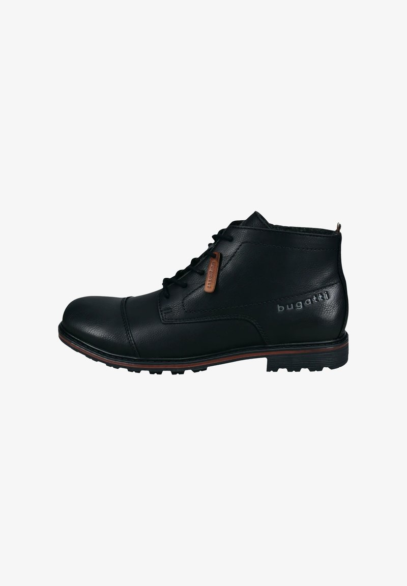 Schwarze Leder-Ankle-Boots mit runder Spitze, strukturiertem Finish, Schnürdesign und kontrastierendem braunem Akzent an Zunge und Sohle.