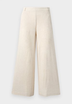 Μπεζ φαρδιά παντελόνια με θηλιές για ζώνη, ψηλή μέση και άνετη, ίσια γραμμή, κατασκευασμένα από υφή ύφασμα.