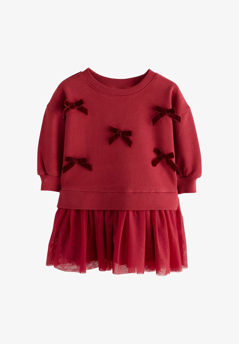 Robe rouge pour tout-petit avec manches longues, décorée de cinq petits nœuds en velours sur le haut et d'une jupe en tulle à plusieurs couches en bas.