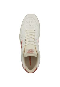 White sneaker with a smooth leather upper, red accents, perforated toe box, and a fabric tongue displaying "FLAMINGOS LIFE" logo.