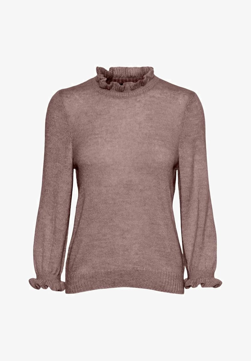 Světlohnědý svetr s vysokým volánovým límcem, dlouhými rukávy a volánovými manžetami. Vyroben z měkké, texturované pleteniny.