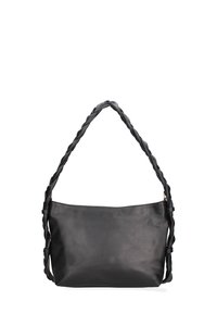 Zwarte leren schoudertas met geweven schouderriem, rechthoekige vorm, gladde textuur en een ritssluiting aan de bovenkant.