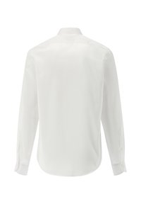 Weißes Langarmshirt mit klassischem Kragen, knöpfbaren Manschetten, glatter Stofftextur und abgerundetem Saum.