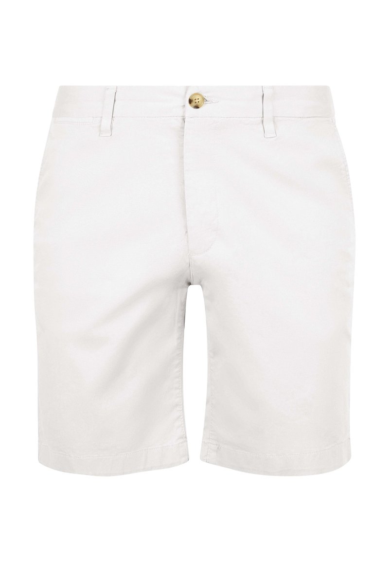 Men's white cotton shorts with a flat front, button closure, two front pockets, and a straight cut. Smooth texture with a clean finish.