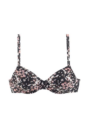 Black bra with pink and white floral pattern, adjustable thin straps, and underwire cups.