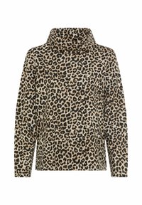 Pullover mit Leopardenmuster, hohem Kragen, langen Ärmeln und lockerer Passform. Hergestellt aus weichem Stoff in Beige-, Schwarz- und Brauntönen.