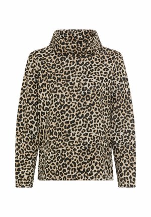 Pullover mit Leopardenmuster, hohem Kragen, langen Ärmeln und lockerer Passform. Hergestellt aus weichem Stoff in Beige-, Schwarz- und Brauntönen.