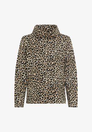 Luipaardprint pullover met een hoge col, lange mouwen en een relaxte pasvorm. Gemaakt van zachte stof in beige, zwart en bruine tinten.