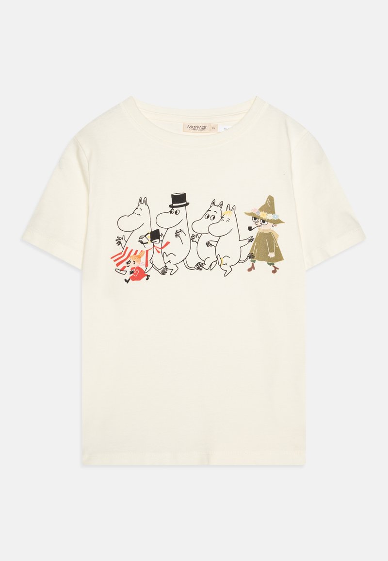 Cream-colored cotton t-shirt featuring a playful illustration of five Moomin characters, with detailed lines and accents in black, red, green, and yellow.
