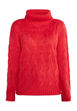 Pull en tricot rouge avec col roulé, motif en cable et poignets côtelés. Le tissu semble épais et chaud, idéal pour les temps froids.