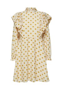 Vaaleanbeige mekko, jossa on keltaisia pilkkuja, korkea röyhelökaulus, pitkät hihat ja röyhelökoristeet hartioilla, valmistettu teksturoidusta kankaasta.