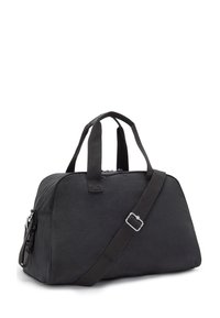 Black duffle bag with durable fabric, dual top handles, and a removable shoulder strap. Features a zip closure and side pocket with hardware accents.